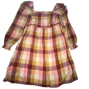 Ann Taylor Loft Plaid Square Neck Babydoll‎ Dress Size XS Strawberry Blossom